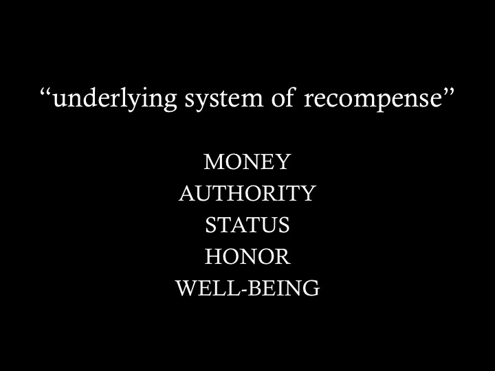 Underlying system of recompense: Money, Authority, Status, Honor, Well-Being