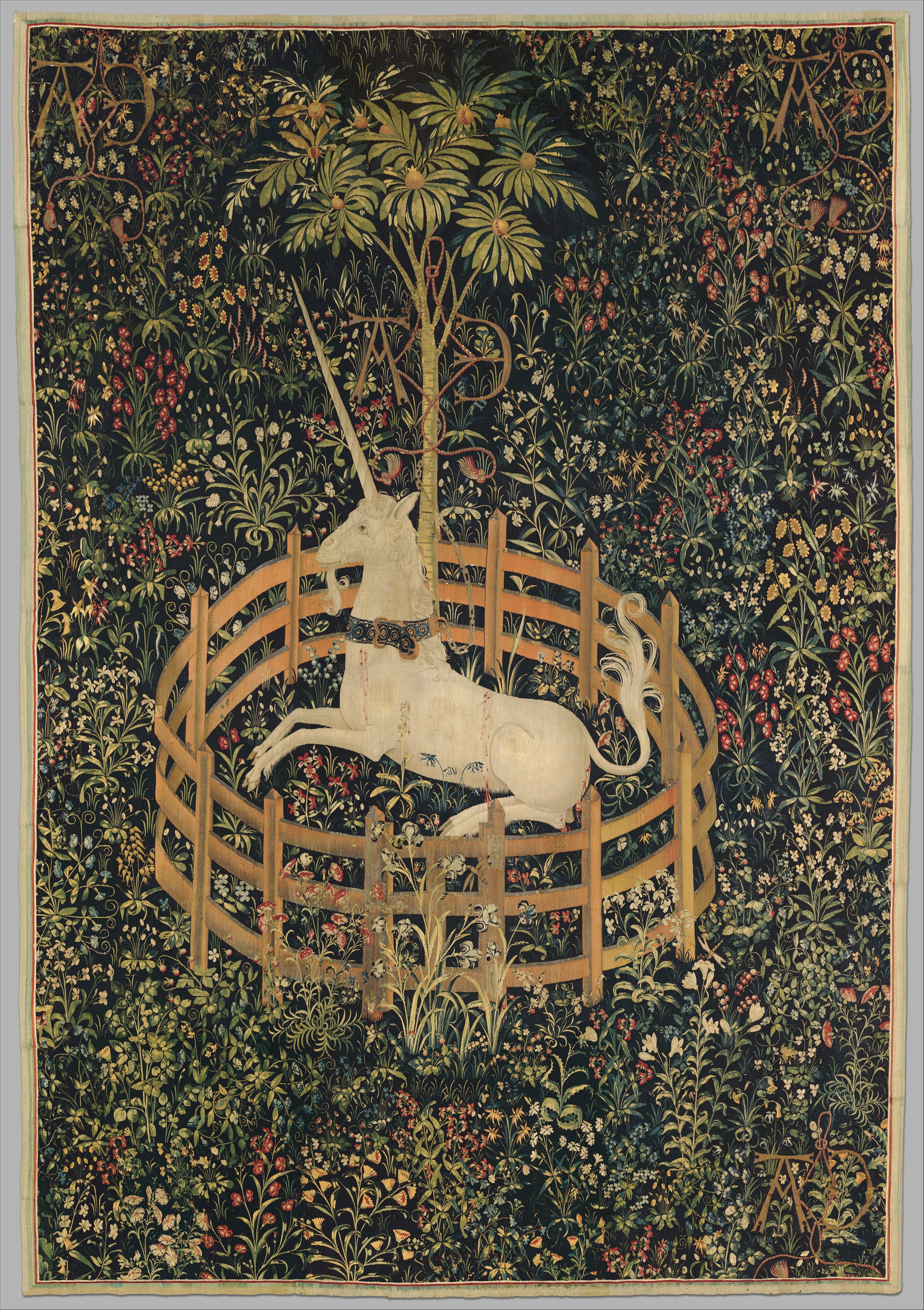A painting of a white unicorn sitting on flowery grass, surrounded by a circular fence